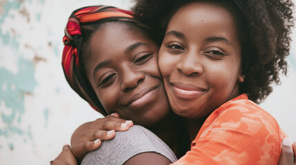 Retrato de Dos mujeres negras madre e hija de pie abrazadas y sonriendo juntas. - obrazy, fototapety, plakaty