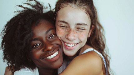 Retrato de Dos mujeres jóvenes una negra y otra blanca abrazadas y sonriendo juntas. 