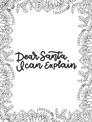 Christmas Quotes Flower Coloring Page Beautiful black and white illustration for adult coloring book