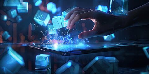 Businessman hand using tablet computer with hologram digital virtual futuristic blockchain technology concept, 3D Blocks or cubes, connection consists digits