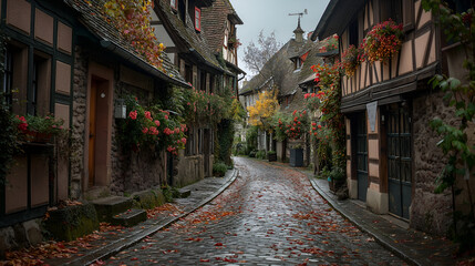 Fototapeta premium Alsace's Allure: Charming Half-Timbered Houses Bask in Sunlight on the Way to Strasbourg