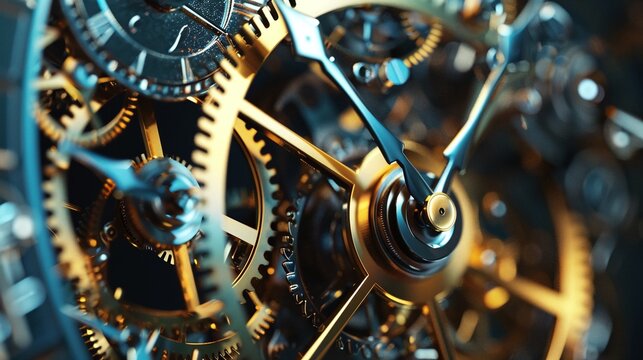 macro shot of detailed clock mechanism, intricate gears and precision engineering, metal parts and vintage movement in closeup view