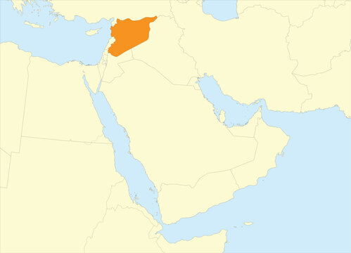 Orange detailed CMYK blank political map of SYRIA with black national country borders on beige continent background and blue sea surfaces using orthographic projection of the Middle East