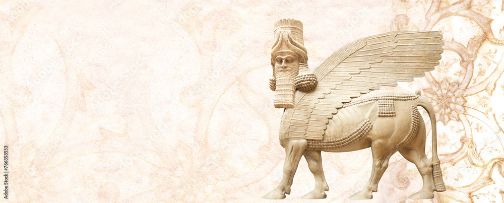 Poster grunge background with stucco texture, ancient carved ornament and stone statue of lamassu. horizont