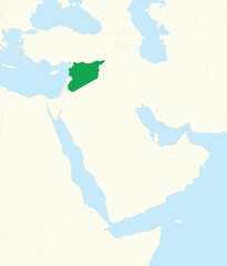 Naklejka premium Red simple CMYK blank political map of SYRIA with black national country borders on gray continent background and blue sea surfaces using orthographic projection of the highlighted beige Middle East