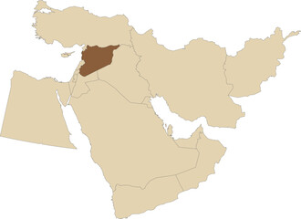 Dark brown detailed CMYK blank political map of SYRIA with black national country borders on transparent background using orthographic projection of the light brown Middle East