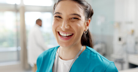 Medical, smile and portrait of nurse in a hospital for healthcare, medicine and employee working in...