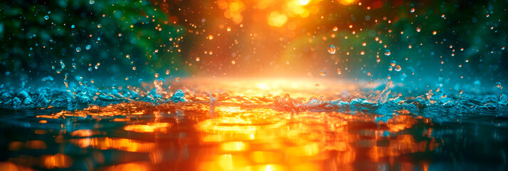 Abstract summer time banner, Sunset reflected on water with raindrops falling, creating ripples. Banner - 766858725