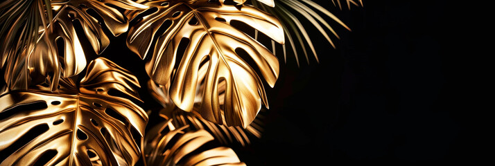 Shimmering metallic golden monstera leaves , abstract tropical banner copy space