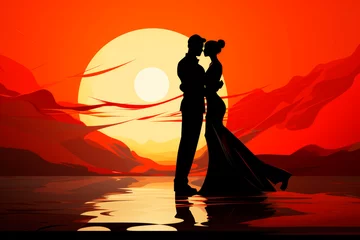 Tuinposter A couple in silhouette against a red and orange stylized landscape with flowing lines and a large sun. © vasanty