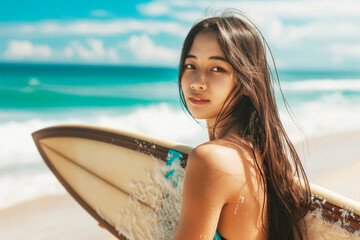 Ocean-loving surfer girl holding her surf board, ocean waves in the background, surfing concept - 766858753