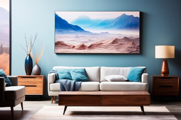 A modern minimalist bedroom with a blue and grey color scheme and a large landscape painting. - 766858755