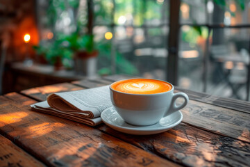 Cup of coffee with latte art, beside a morning newspaper on a wooden table by a window at the urban coffee shop.