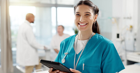 Happy, face and woman with a tablet, doctor and typing with connection, website info and employee. Portrait, nurse and medical professional with tech, clinic and research with internet or digital app
