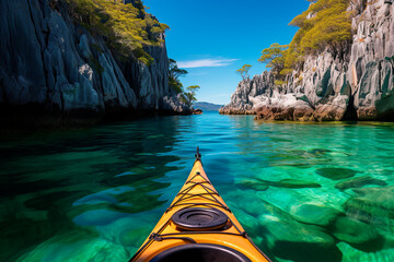 Kayak on tranquil waters near tropical foliage and serene sky. - 766858793