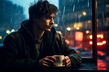 Pensive young male holding a coffee mug, looking out the window on a rainy evening, city lights reflected. - 766858903
