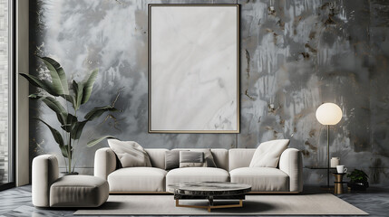 Modern minimalist interior with empty poster frame mockup