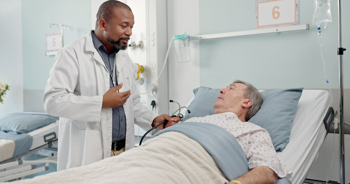 Medical stethoscope and doctor with patient in hospital after surgery, treatment or procedure. Discussion, checkup and African male healthcare worker talk to senior man in clinic bed for diagnosis.