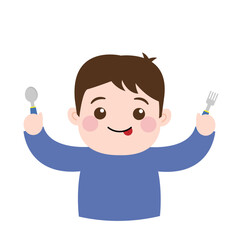 Cute boy feeling hungry with spoon and fork