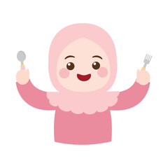 Cute hijab girl with spoon and fork