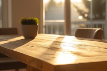 Morning sunlight bathes a natural wooden table and a small green plant in a pot, creating a warm and peaceful breakfast nook