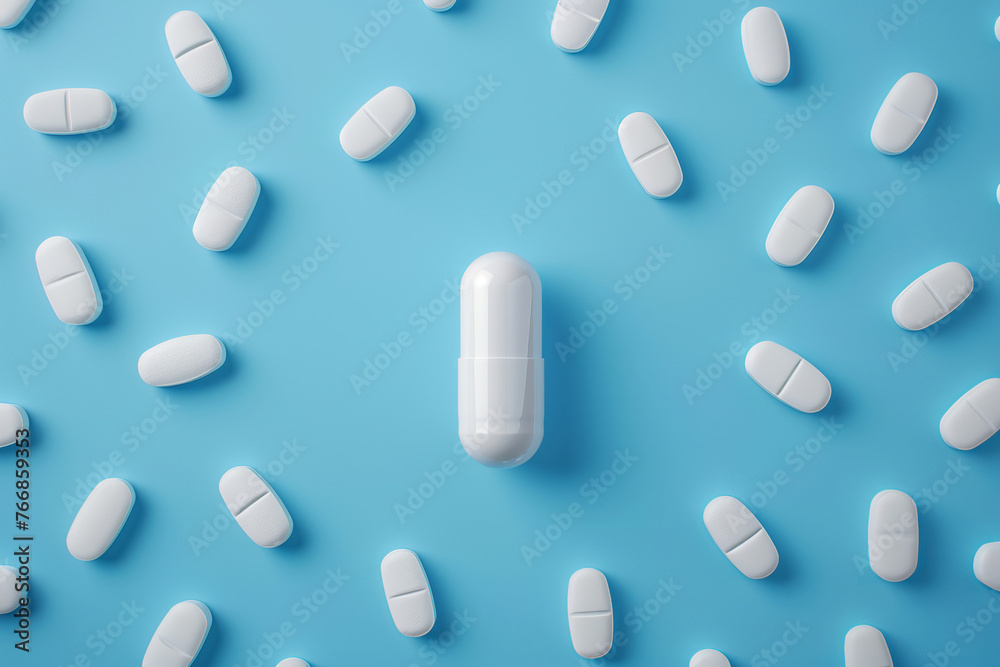 Wall mural One white pill on a blue background. White medication tablet capsule on blue background. Pharmaceutical pill on blue background