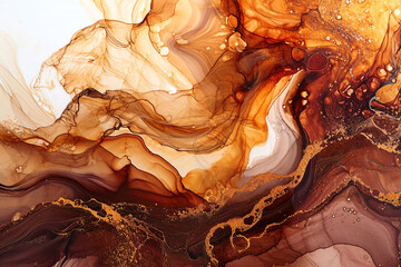 Abstract shapes and textures formed by drops of coffee liquid. Marbled chocolate watercolor ink...