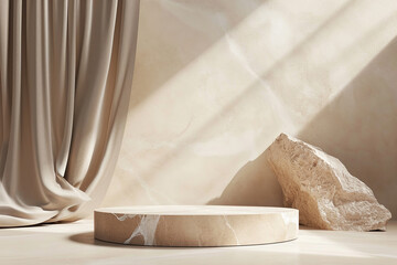 Stand for various products, identity and packaging. Trendy natural colors. Beige pieces of stone wall. Stone slabs for product display background.