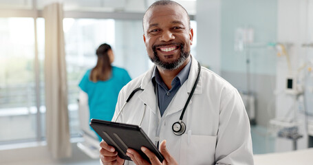 Hospital, face and black man with a tablet, doctor and typing with website info, internet and...