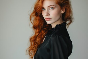 A charming red-haired woman in a classic black blouse, exemplifying her refined taste and effortless elegance