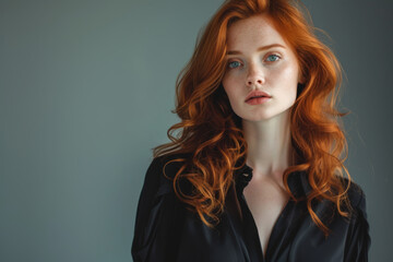 Fototapeta premium Portrait of red-haired woman in a sleek black blouse, her striking hair flowing in soft waves, embodies bold sophistication against a muted backdrop