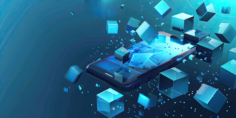 3D Smart phone with virtual digital blocks and security blockchain technology idea concept design