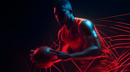 Close up of  see the target african american young baskets with red neon lights background Basketball player ready to take a shot to the hoop