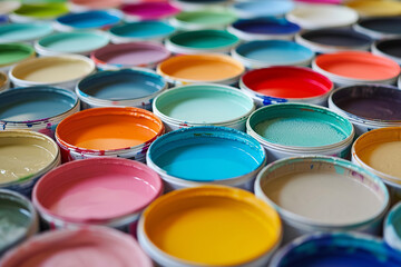 Fototapeta premium Open cans of color paint. Open cans with bright multicolored paints arranged on colorful geometric background.