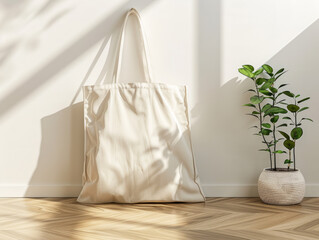 Blank Canvas Tote Bag Mockup with Plant in Modern Interior - Powered by Adobe