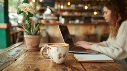 Freelancer workspace with coffee in a cafe. A speckled mug of coffee in focus on a worn wooden table, with a woman working on a laptop and a potted flower in a cozy cafe setting