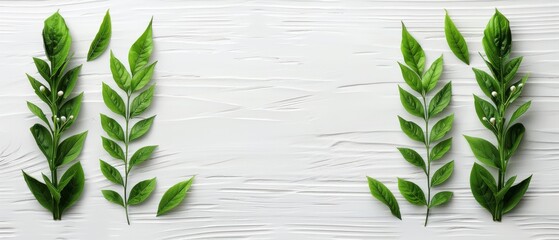   Green foliage on wooden table with plant on white wall - obrazy, fototapety, plakaty
