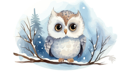 Winter Cute Owl Watercolor Flat vector 