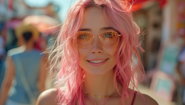 A woman with long pink hair and glasses is beaming with joy, showing off her perfectly groomed eyebrows and eyes through her stylish frames. Her radiant smile exudes happiness at a leisure event