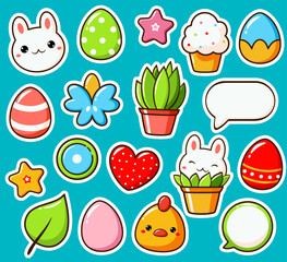Set of Easter stickers in kawaii style. Cute eye-catching Easter tag, label collection with cute bunny, egg, plant. Collection of trendy sticker with cartoon characters. Vector illustration EPS8