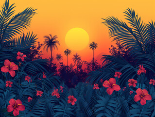 Tropical Sunset Paradise with Vibrant Flora Illustration