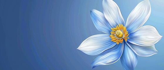   A stunning white and blue flower with a sunny yellow center graces a blue backdrop, creating an enchanting image that will captivate your audience
