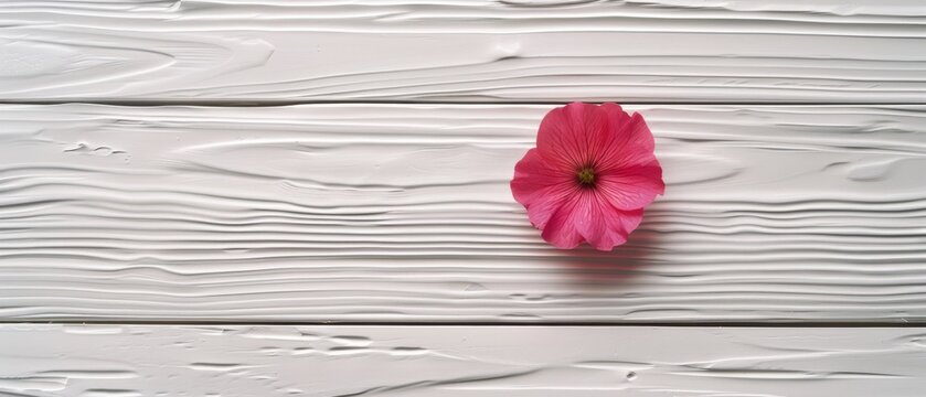   A pink flower resting on white wooden planks with peeling paint