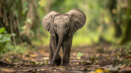 Fototapeta premium closeup of a cute baby elephant calf walking in a serene forest environment showing peaceful and natural wildlife