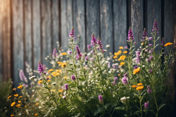 A floral arrangement of wildflowers arranged vertically along a wall or neatly arranged on a surface. Natural background - obrazy, fototapety, plakaty