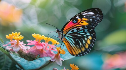 Fototapeta premium beautiful butterfly with colorful wings sitting on a blooming flower in a vibrant garden with delicate petals and summer nature