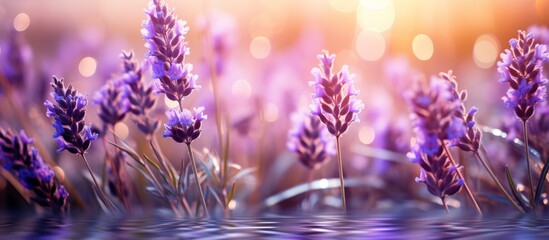 A cluster of lavender flowers drifts gracefully in the water, showcasing their vibrant purple...