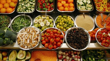 The image shows a top view of a selection of healthy food options.