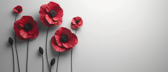   Red flowers arranged on white surface with black stems extending outward - obrazy, fototapety, plakaty