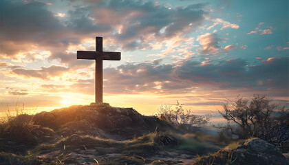 A cross on the hill during Holy Week, representing the Christian belief and spirituality, often used for religious events and worship. - obrazy, fototapety, plakaty